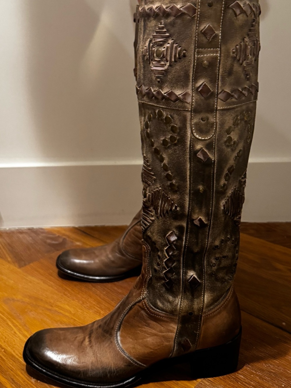 Mark Nason Brown Leather Embossed Knee-High Heeled Boots